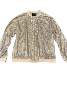 Dolce Cabo Sequin Bomber Jacket Gold Zip Front Metallic Sparkle Women’s Size M